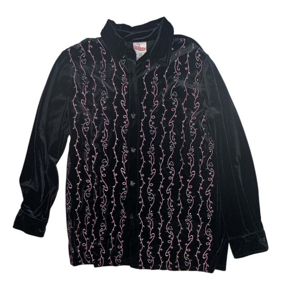 Disney Store Button Front Shirt Womens S Black Velvet Floral Mickey Buttons Y2K‎